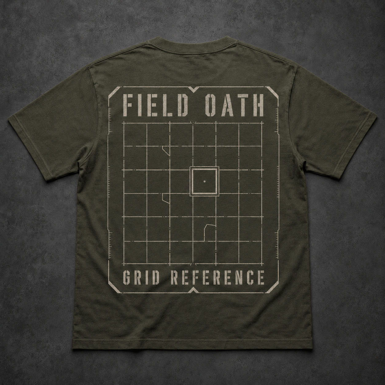 Field olive FIELD OATH Grid Reference T-Shirt back flat lay with broken navigation grid and confirmed square