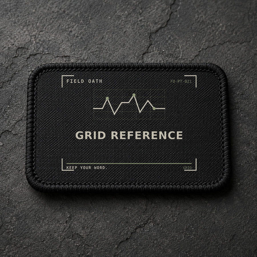 FIELD OATH Grid Reference Patch rectangular black embroidered patch with original FIELD OATH artwork