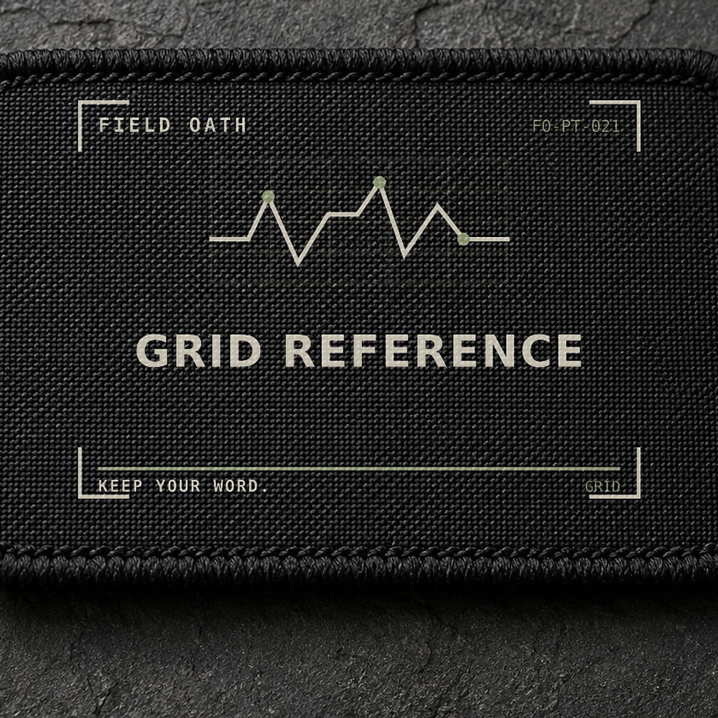 FIELD OATH Grid Reference Patch close-up showing woven face, stitched border and embroidery detail