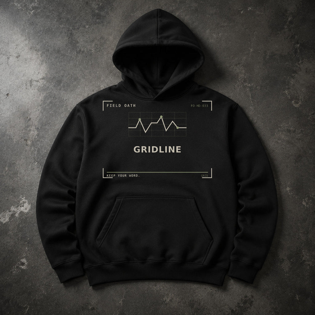 FIELD OATH Gridline Hoodie black hoodie front artwork on dark concrete