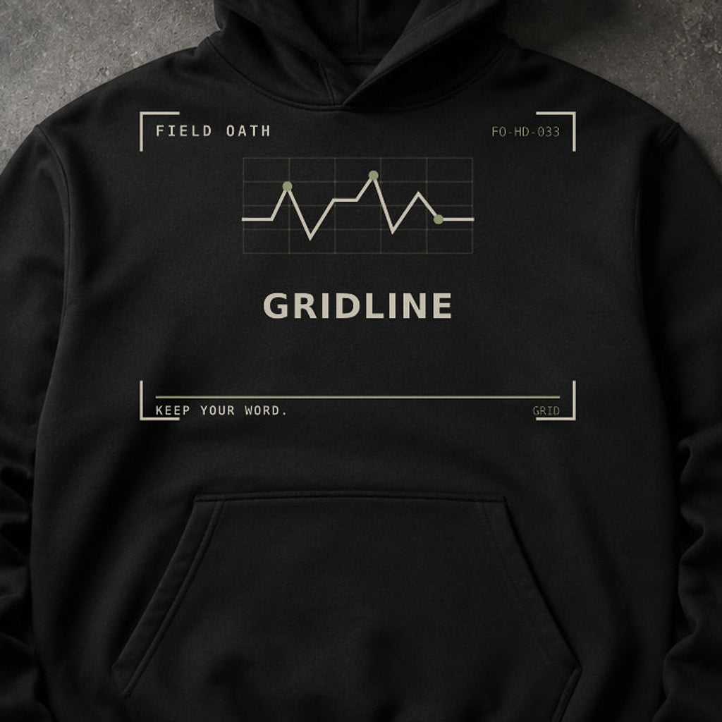 FIELD OATH Gridline Hoodie close-up of original tactical artwork and fabric texture