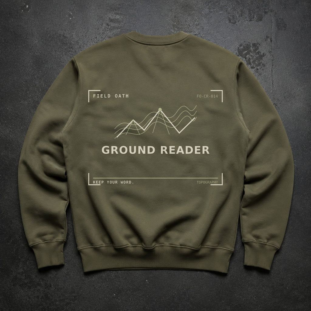 FIELD OATH Ground Reader Crewneck field olive crewneck large back artwork on dark concrete