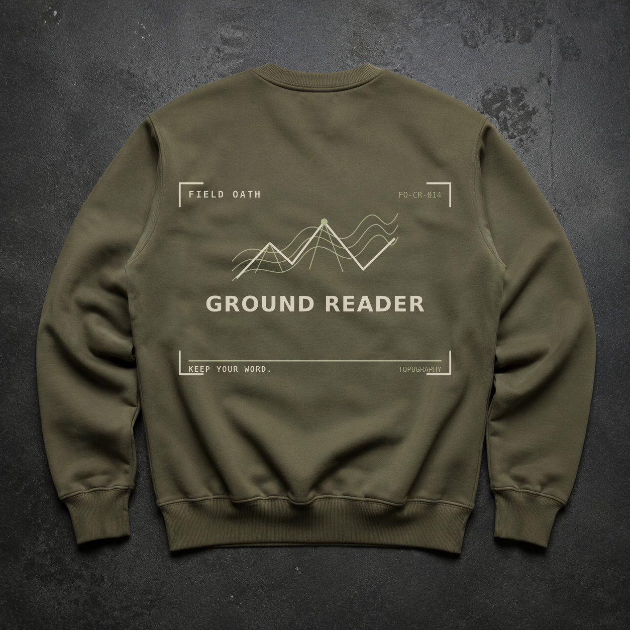 FIELD OATH Ground Reader Crewneck field olive crewneck large back artwork on dark concrete