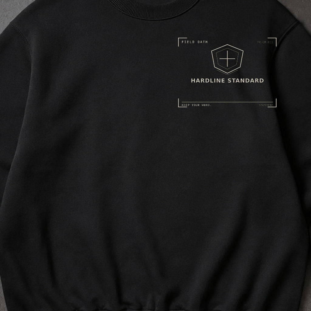 FIELD OATH Hardline Standard Crewneck close-up of original tactical artwork and fabric texture