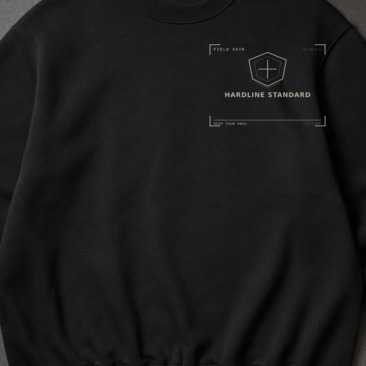 FIELD OATH Hardline Standard Crewneck close-up of original tactical artwork and fabric texture