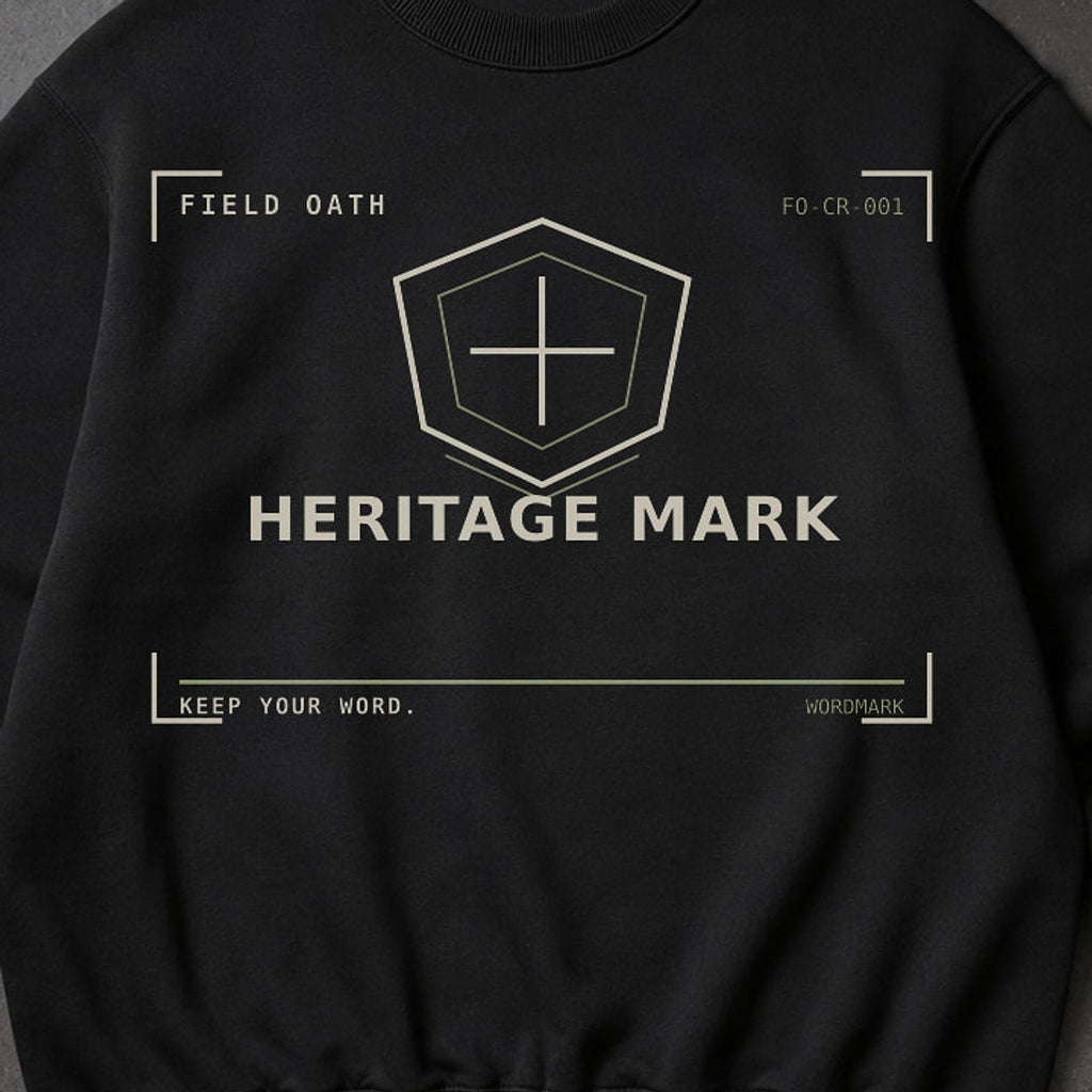 FIELD OATH Heritage Mark Crewneck close-up of original tactical artwork and fabric texture