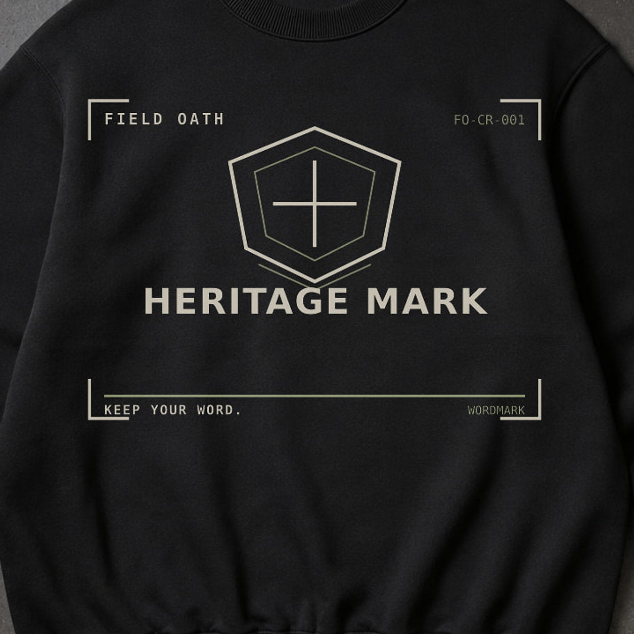 FIELD OATH Heritage Mark Crewneck close-up of original tactical artwork and fabric texture