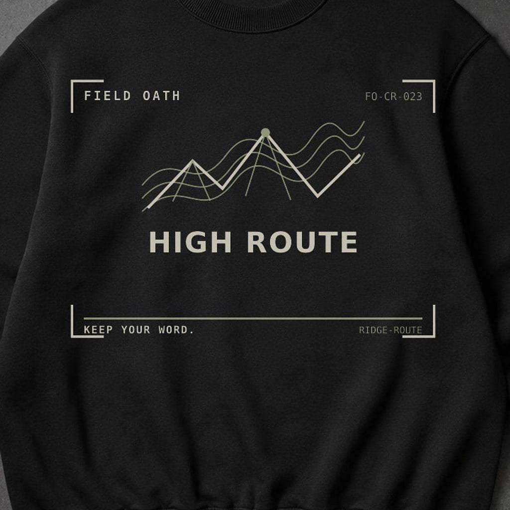 FIELD OATH High Route Crewneck close-up of original tactical artwork and fabric texture