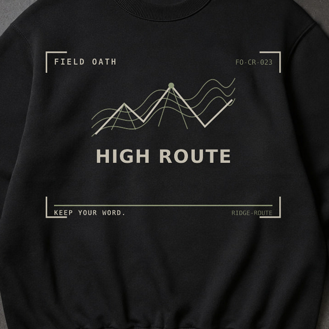 FIELD OATH High Route Crewneck close-up of original tactical artwork and fabric texture