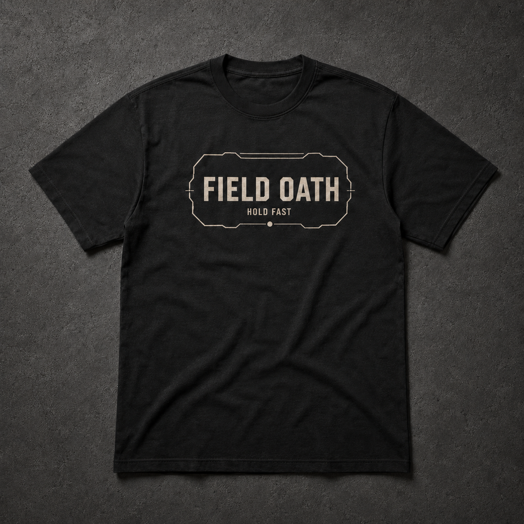 Black FIELD OATH Hold Fast T-Shirt front flat lay with centered HOLD FAST tactical frame