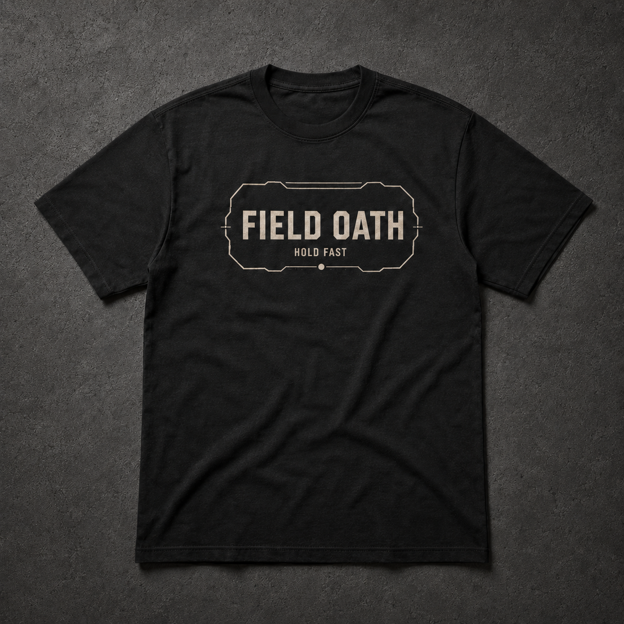 Black FIELD OATH Hold Fast T-Shirt front flat lay with centered HOLD FAST tactical frame
