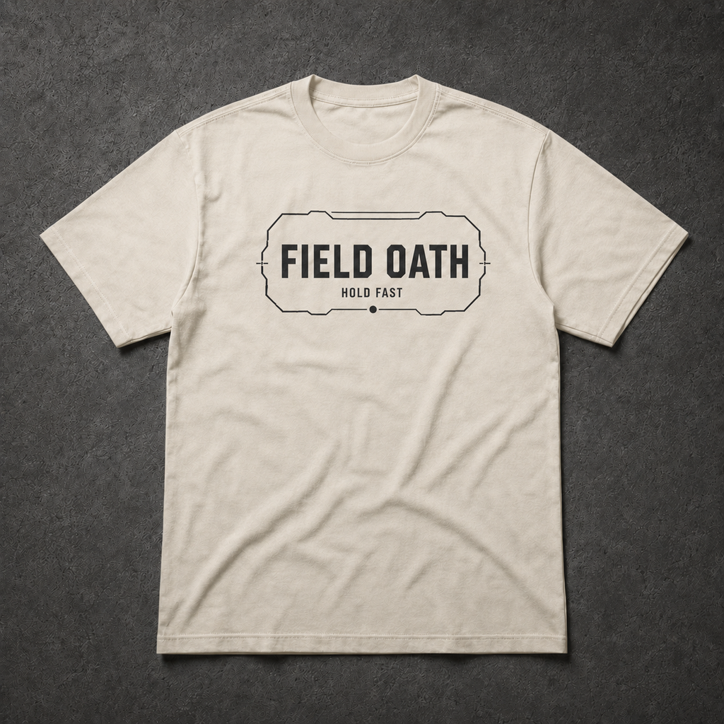 Bone FIELD OATH Hold Fast T-Shirt front flat lay with matching centered HOLD FAST artwork