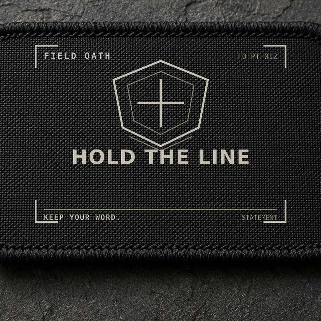 FIELD OATH Hold the Line Patch close-up showing woven face, stitched border and embroidery detail