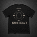 Black FIELD OATH Honor the Oath T-Shirt back flat lay with angular dead-reckoning graphic