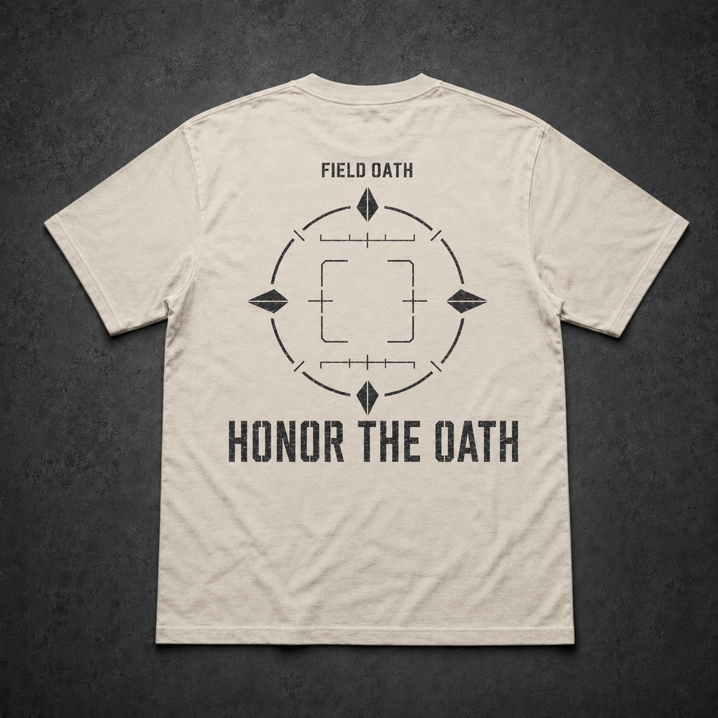Bone FIELD OATH Honor the Oath T-Shirt back flat lay with matching dead-reckoning artwork