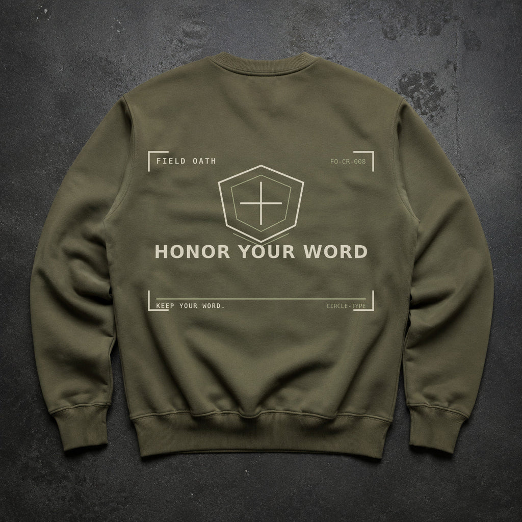 FIELD OATH Honor Your Word Crewneck field olive crewneck large back artwork on dark concrete