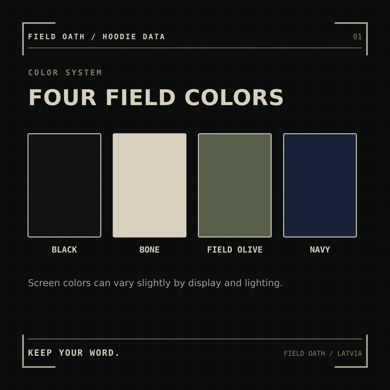 FIELD OATH Ground Conditions Hoodie: color options in Black, Bone, Field Olive and Navy