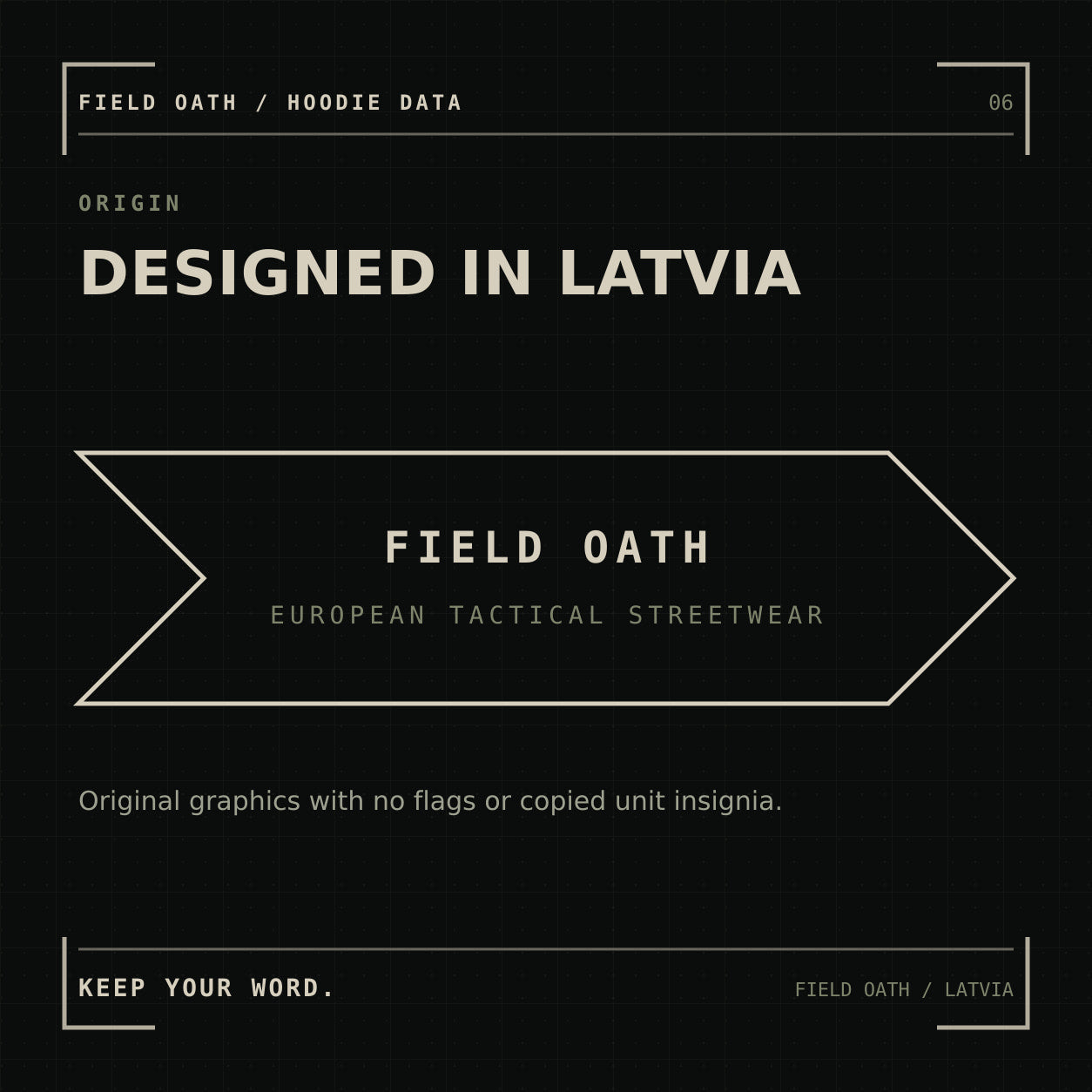 FIELD OATH Ridge Route Hoodie: original tactical artwork designed in Latvia