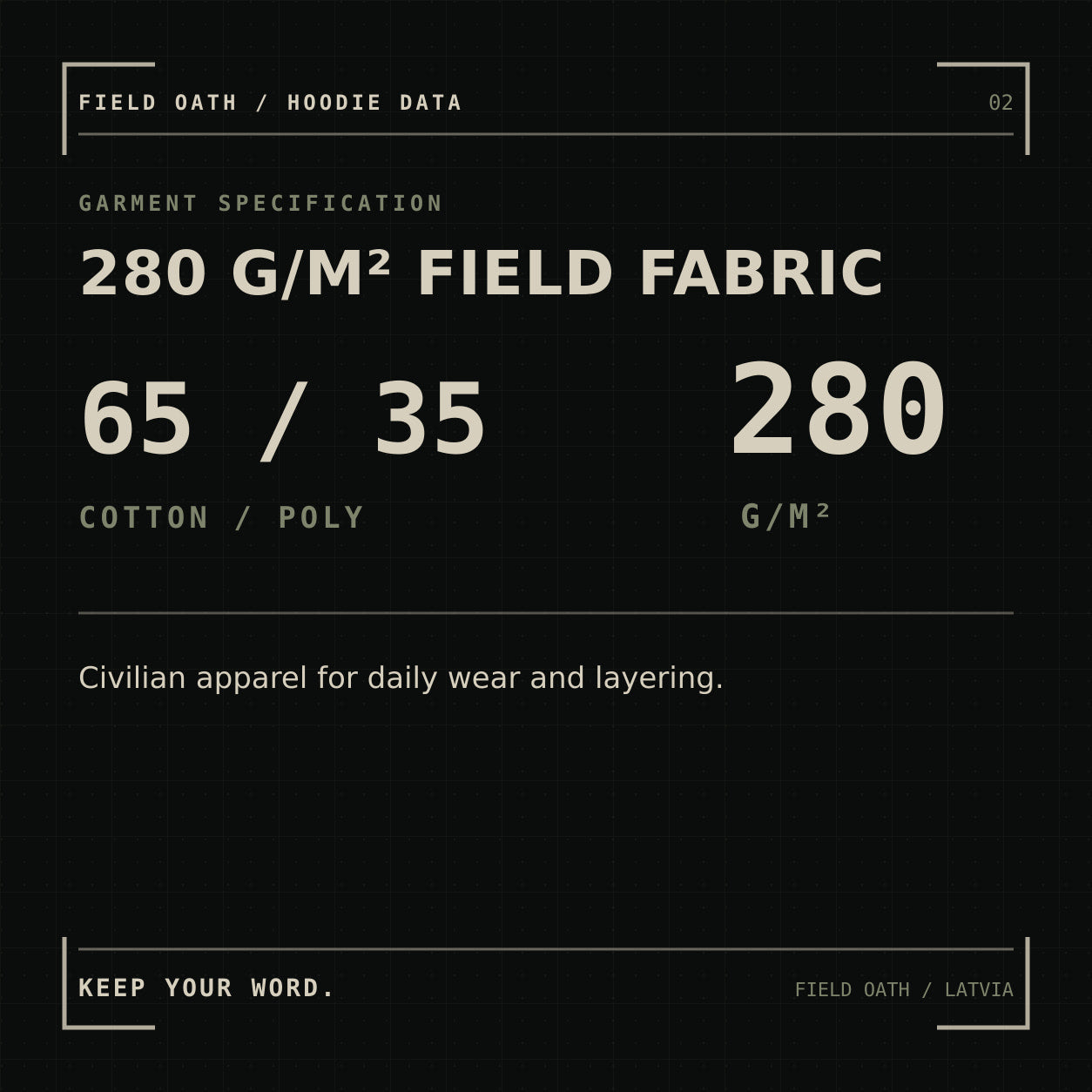 FIELD OATH Long Way North Hoodie: material specification, 65 percent cotton, 35 percent polyester and 280 grams per square metre