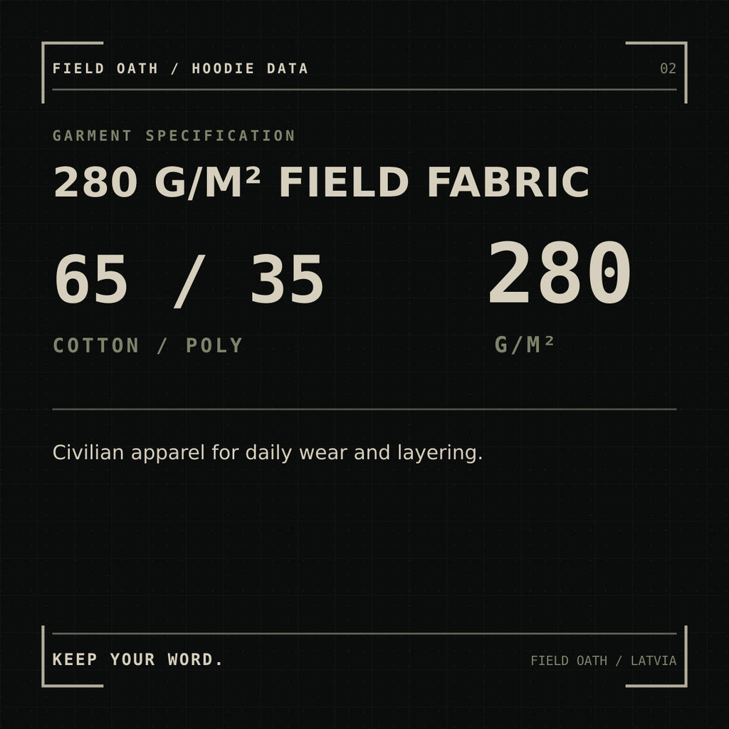 FIELD OATH Integrity in Action Hoodie: material specification, 65 percent cotton, 35 percent polyester and 280 grams per square metre