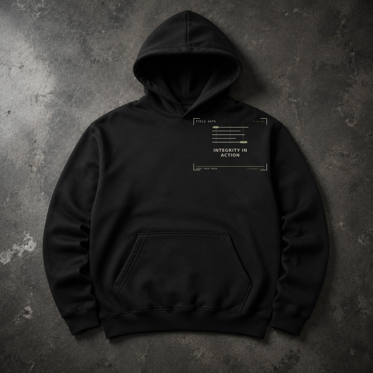 FIELD OATH Integrity in Action Hoodie black hoodie front artwork on dark concrete