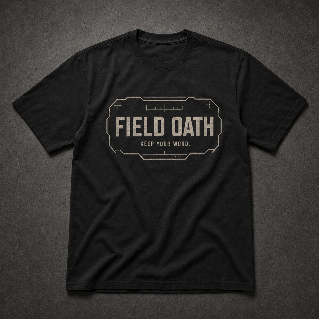 Black FIELD OATH Keep Your Word T-Shirt front flat lay with center-chest tactical graphic