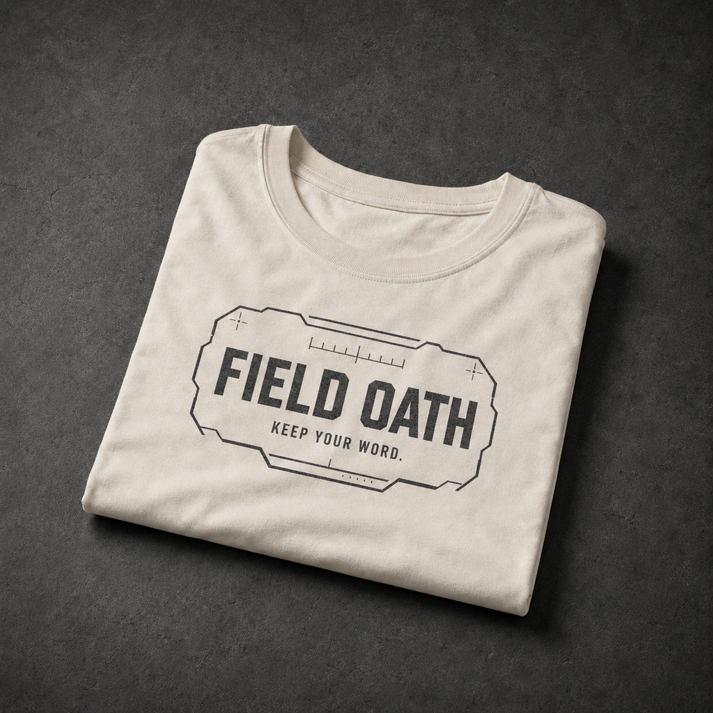 Bone FIELD OATH Keep Your Word T-Shirt folded front view with matching center-chest tactical graphic
