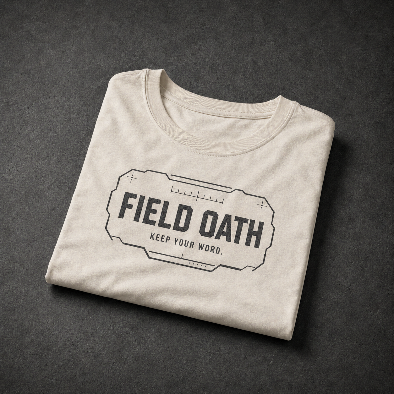 Bone FIELD OATH Keep Your Word T-Shirt folded front view with matching center-chest tactical graphic