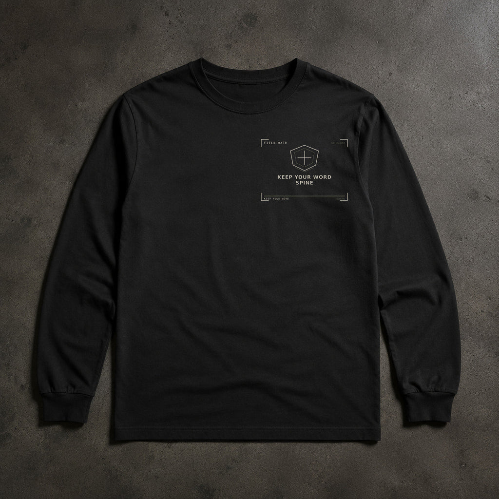 FIELD OATH Keep Your Word Spine Long Sleeve black long sleeve front artwork on dark concrete