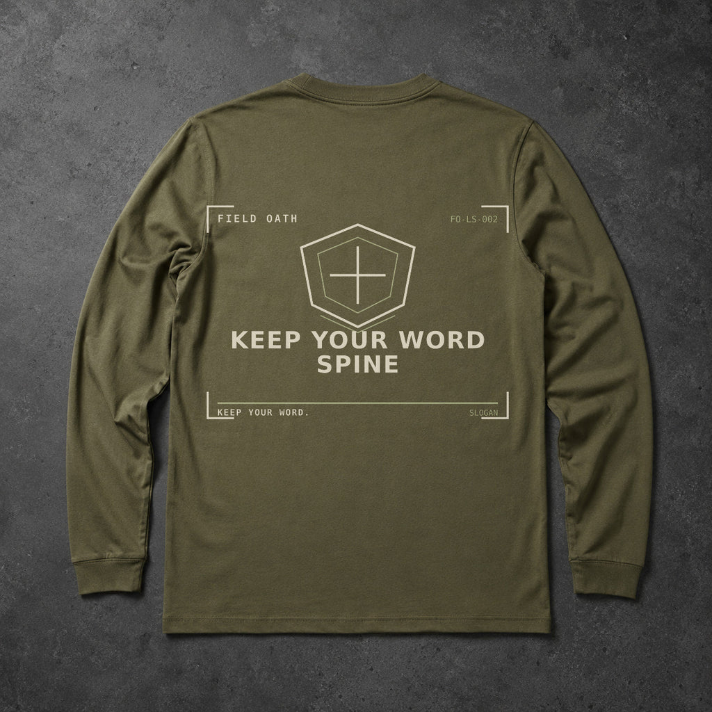 FIELD OATH Keep Your Word Spine Long Sleeve field olive long sleeve large back artwork on dark concrete