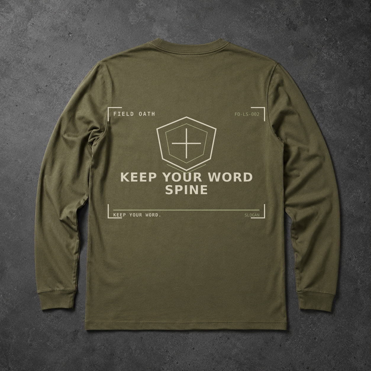 FIELD OATH Keep Your Word Spine Long Sleeve field olive long sleeve large back artwork on dark concrete