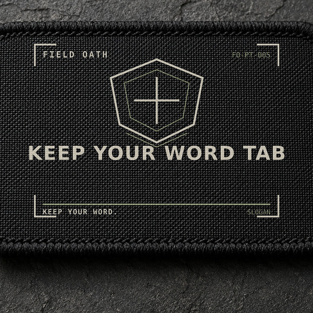 FIELD OATH Keep Your Word Tab Patch close-up showing woven face, stitched border and embroidery detail