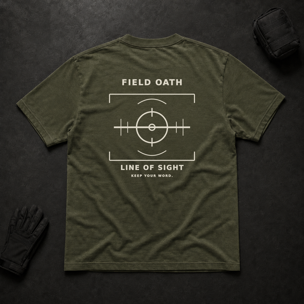 Field olive FIELD OATH Line of Sight T-Shirt back flat lay with observation sightline graphic