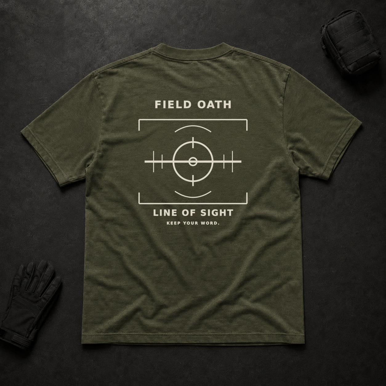 Field olive FIELD OATH Line of Sight T-Shirt back flat lay with observation sightline graphic