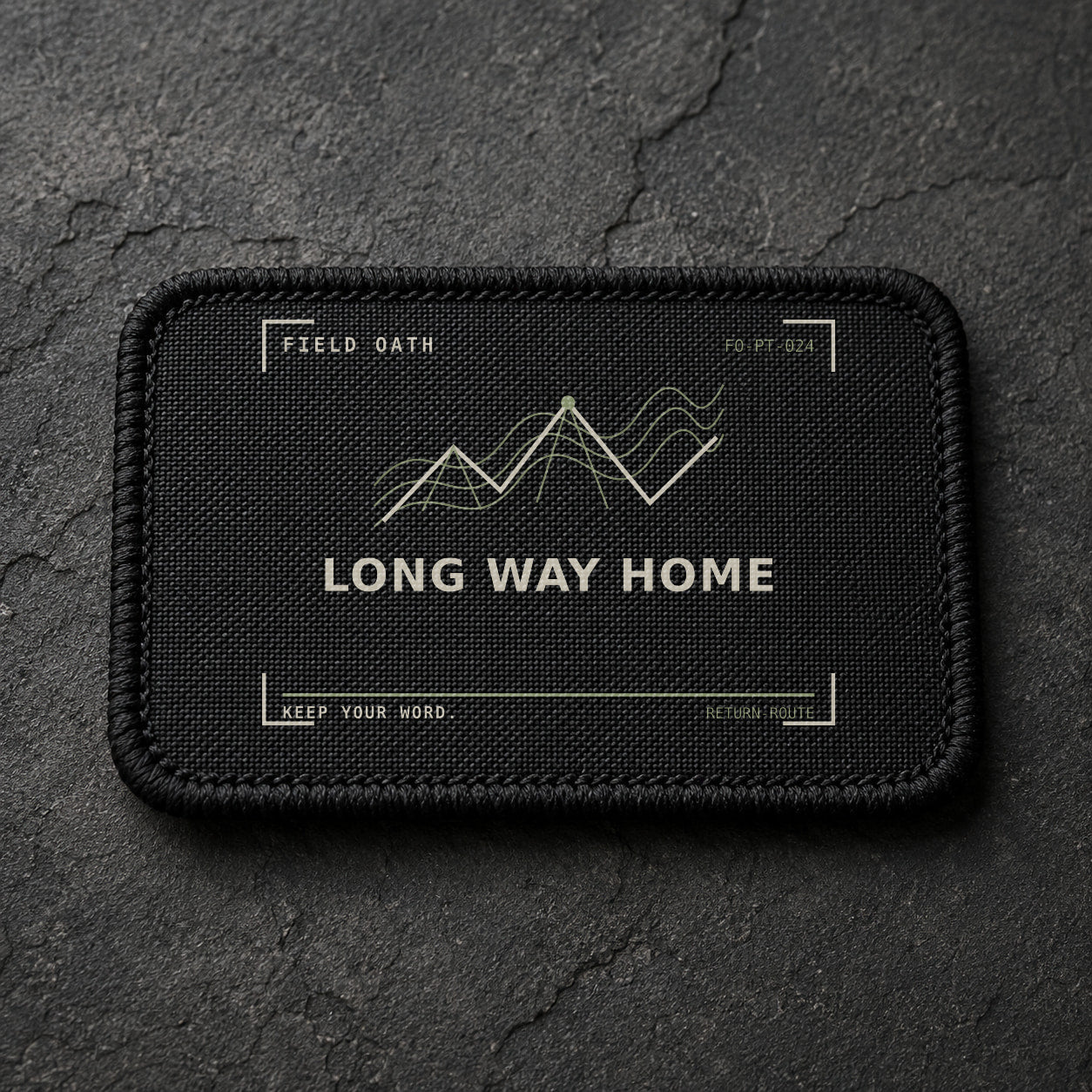 FIELD OATH Long Way Home Patch rectangular black embroidered patch with original FIELD OATH artwork