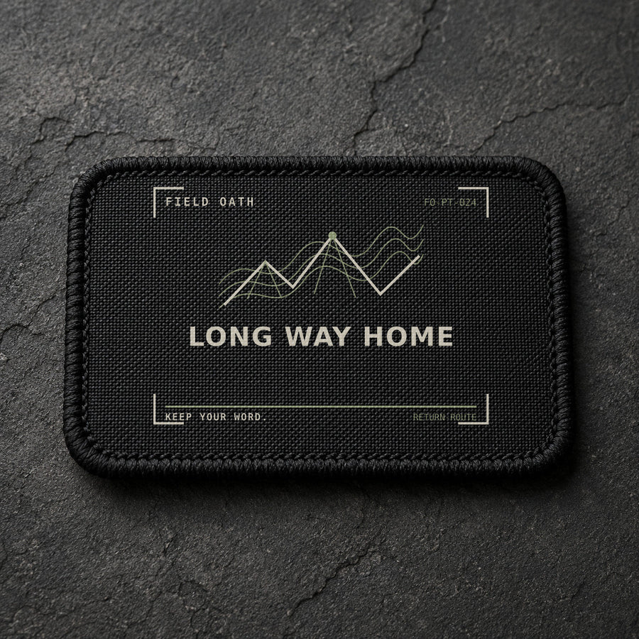 FIELD OATH Long Way Home Patch rectangular black embroidered patch with original FIELD OATH artwork