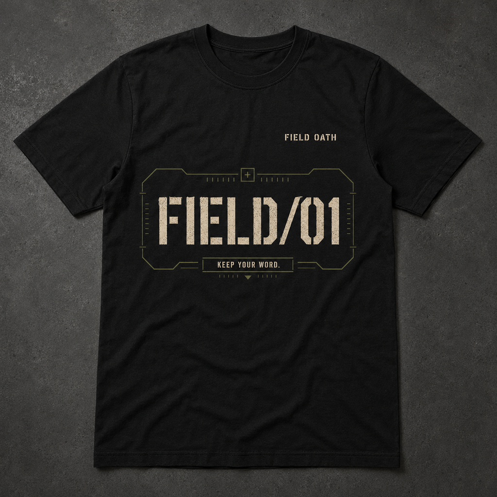 FIELD OATH Mark One T-Shirt front view in Black with FIELD OATH and FIELD/01 tactical chest graphic