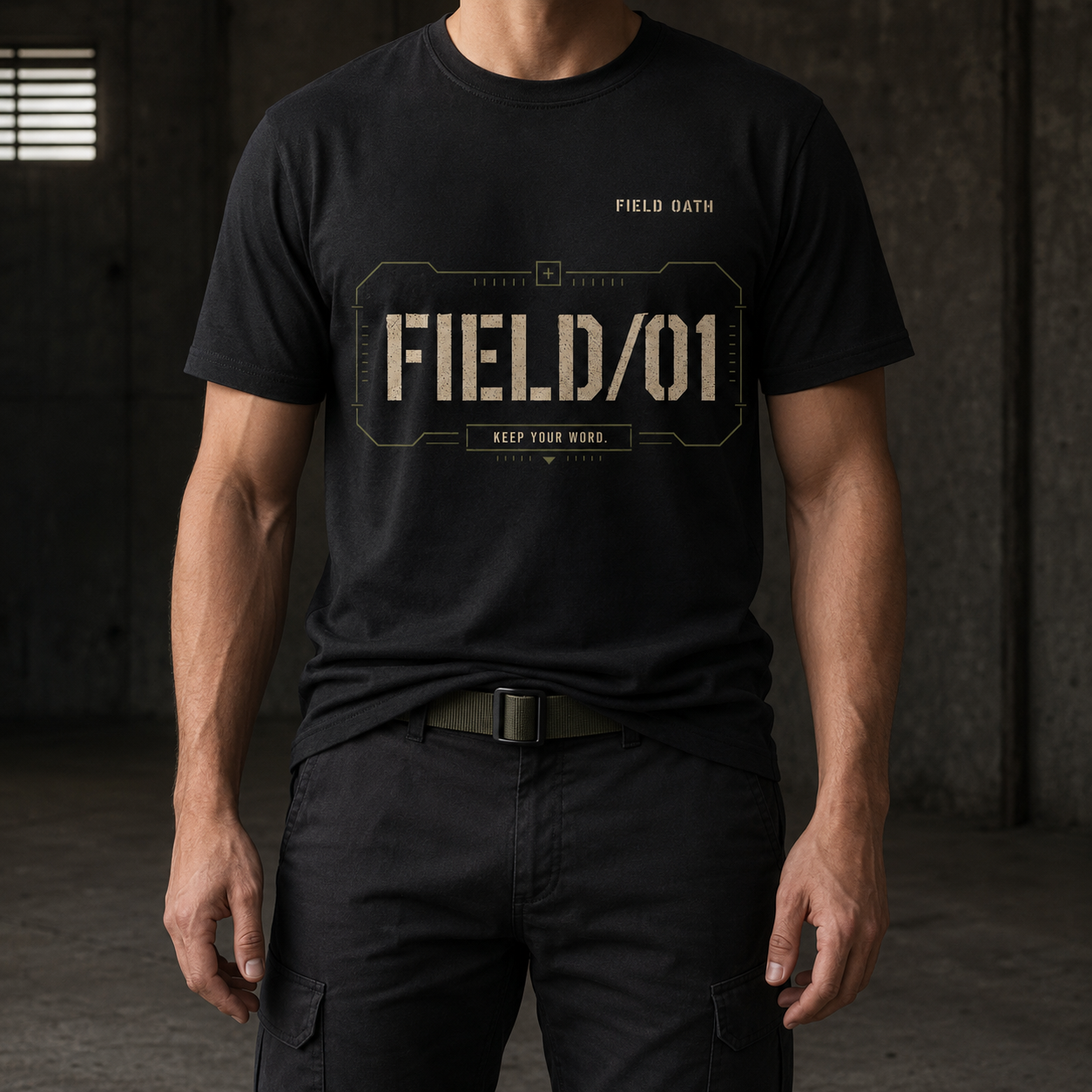 Black FIELD OATH Mark One T-Shirt worn in a unisex fit with the face outside the frame