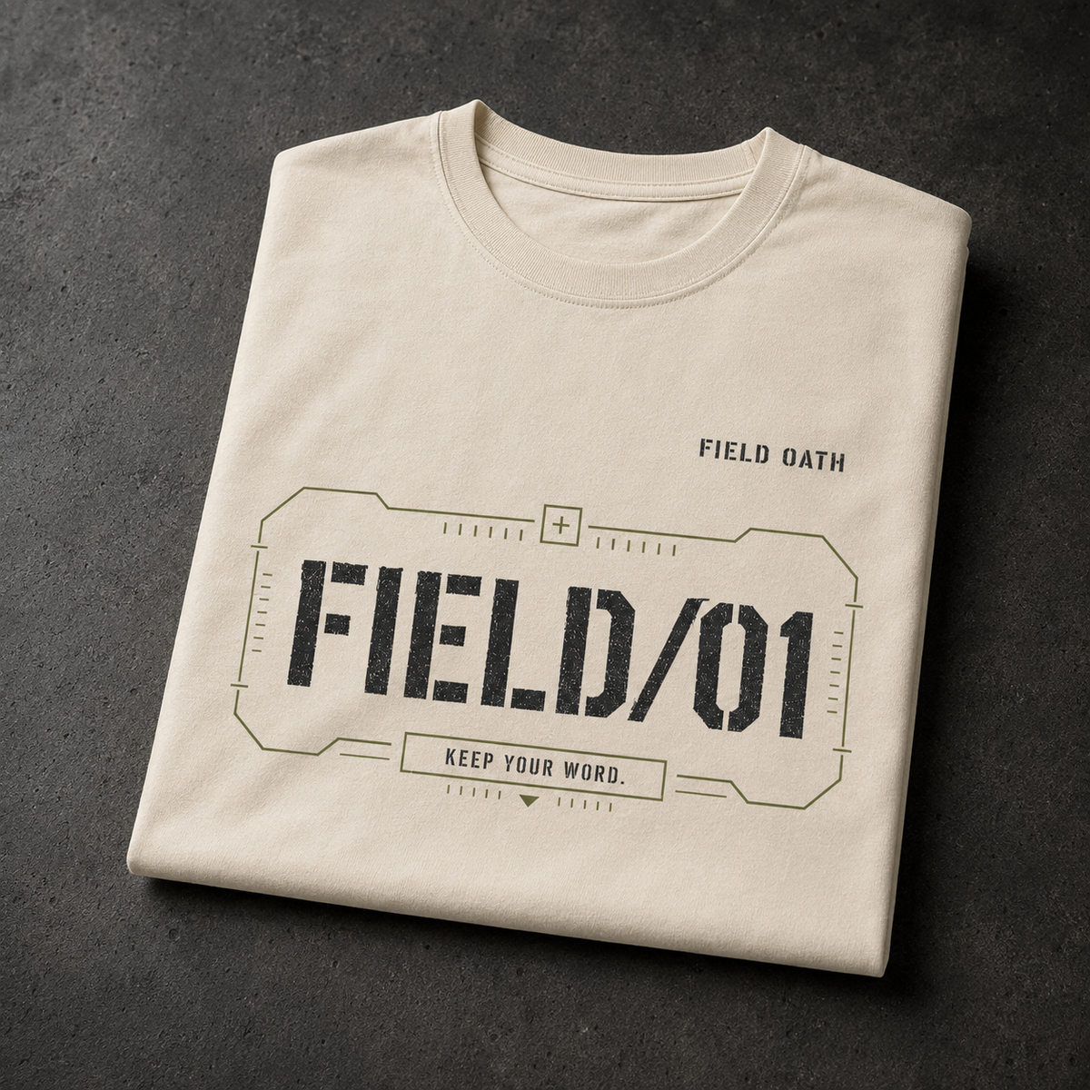 Bone FIELD OATH Mark One T-Shirt folded with FIELD OATH, FIELD/01 and KEEP YOUR WORD front graphic
