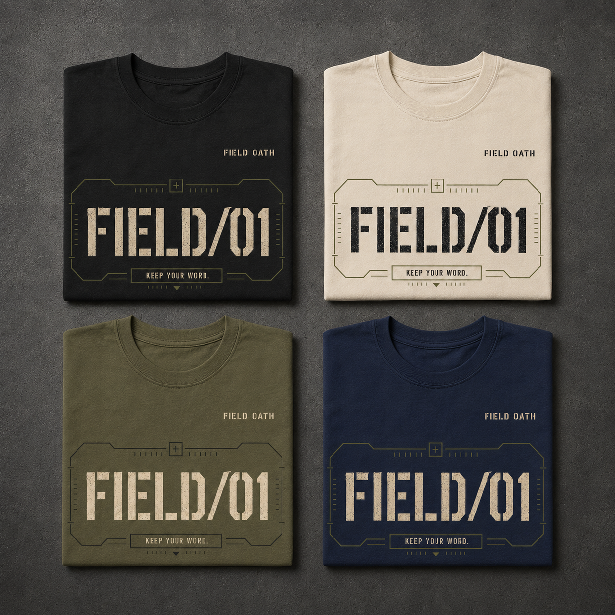 Black, Bone, Field Olive and Navy FIELD OATH Mark One T-Shirt color comparison