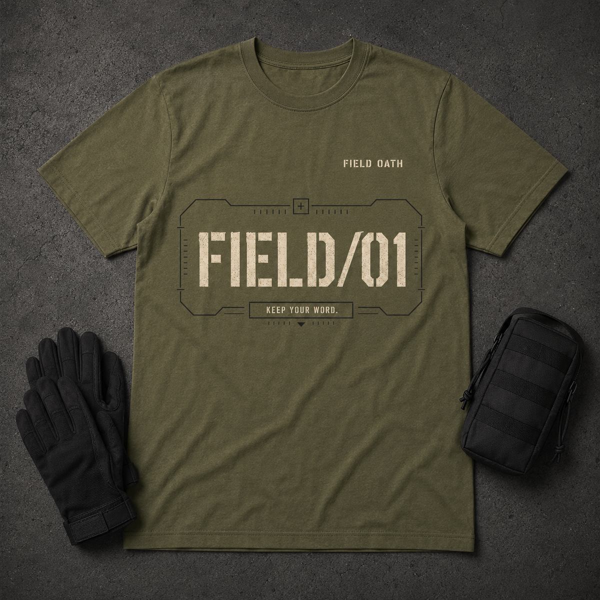 Field Olive FIELD OATH Mark One T-Shirt tactical flat lay with gloves and an unbranded radio pouch