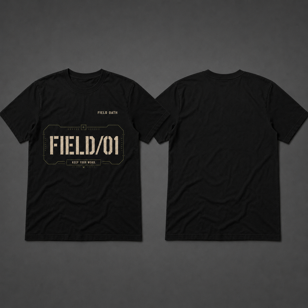 Black FIELD OATH Mark One T-Shirt front graphic and plain back placement comparison