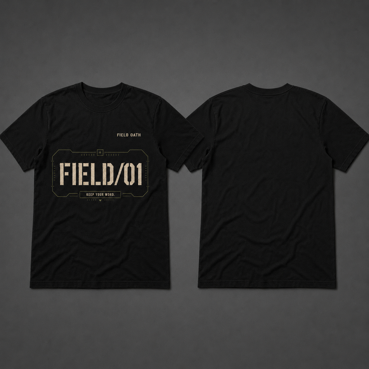 Black FIELD OATH Mark One T-Shirt front graphic and plain back placement comparison