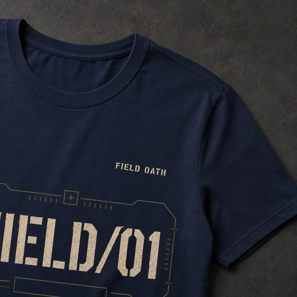 Navy FIELD OATH Mark One T-Shirt collar, sleeve and 160 gsm cotton detail with FIELD OATH chest identifier