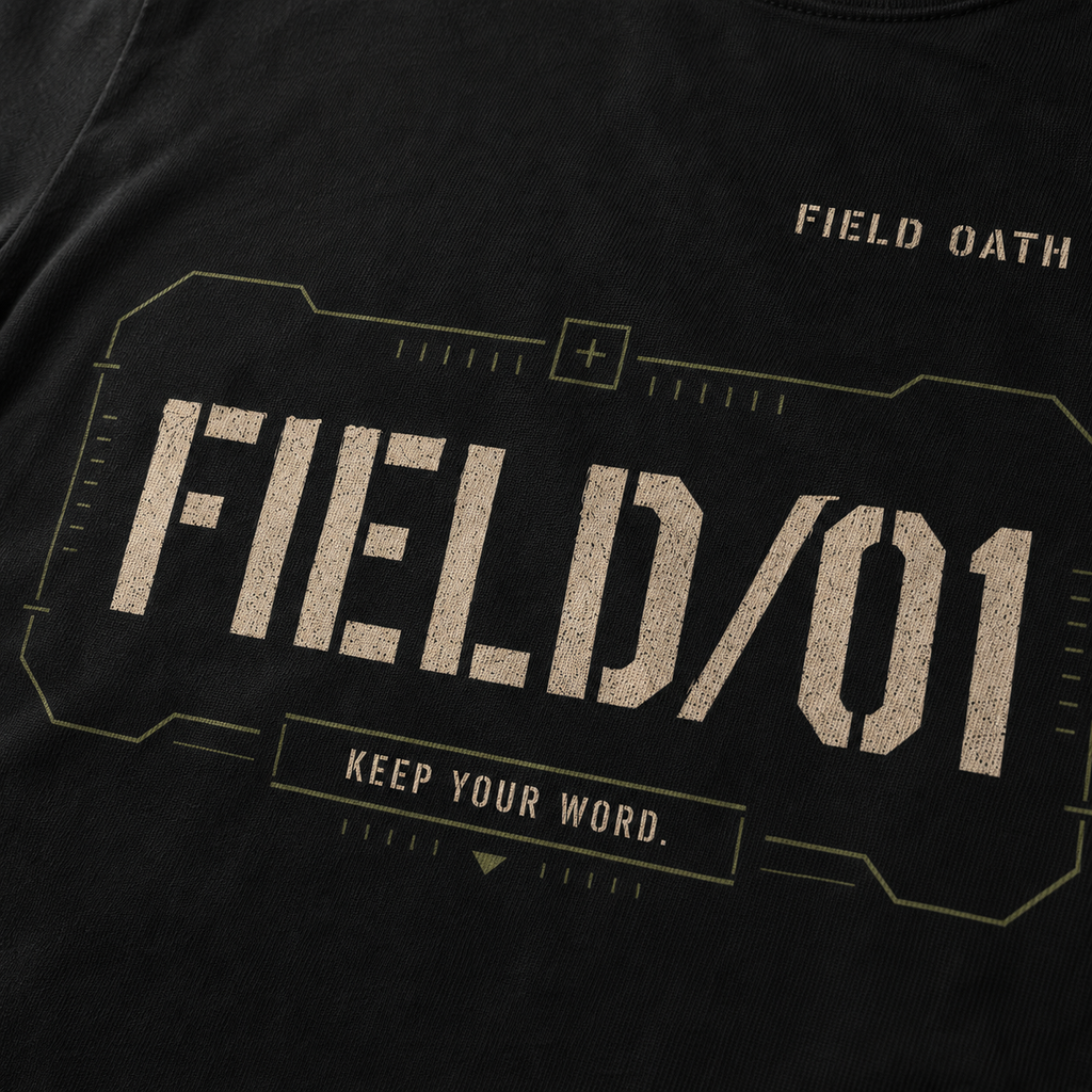 Close-up of FIELD OATH Mark One T-Shirt FIELD/01 print and 160 gsm cotton texture in Black
