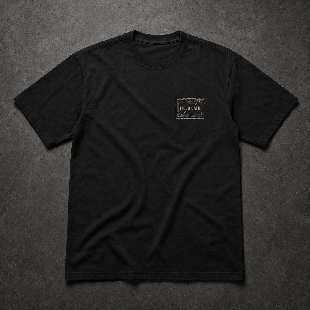 Black FIELD OATH No Easy Ground T-Shirt front flat lay with compact contour-band chest identifier