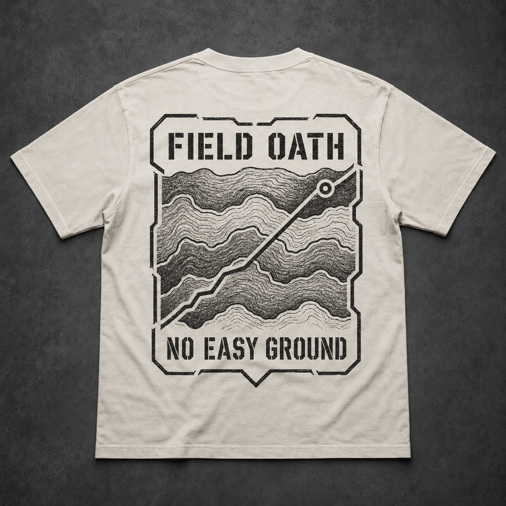 Bone FIELD OATH No Easy Ground T-Shirt back flat lay with uneven terrain contours and hard route line