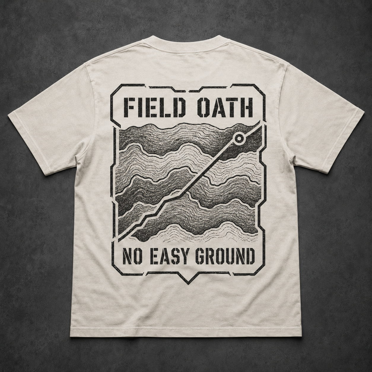 Bone FIELD OATH No Easy Ground T-Shirt back flat lay with uneven terrain contours and hard route line