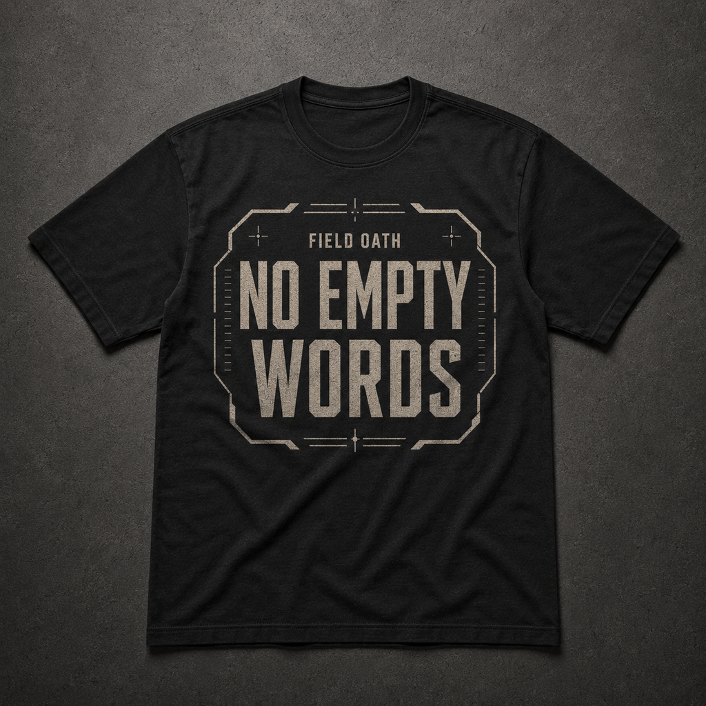 Black FIELD OATH No Empty Words T-Shirt front flat lay with condensed tactical typography