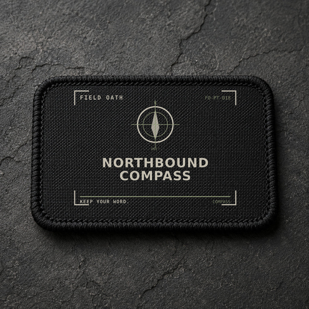 FIELD OATH Northbound Compass Patch rectangular black embroidered patch with original FIELD OATH artwork